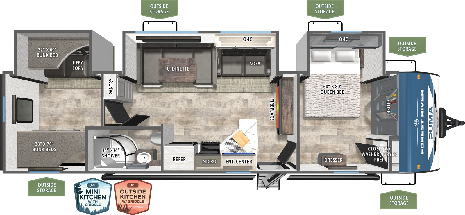 The Puma 32RBFQ floorplan has one entry and three slide outs. Exterior features include: metal exterior, 21' awning and outside kitchen. Interiors features include: bunk beds, u-dinette and front bedroom.